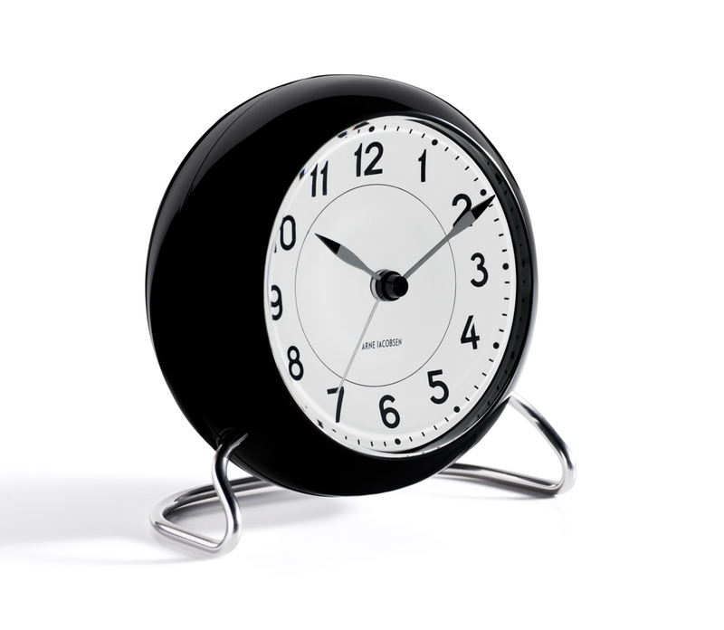 Arne Jacobsen Station Table Clock in White and Black, angled view