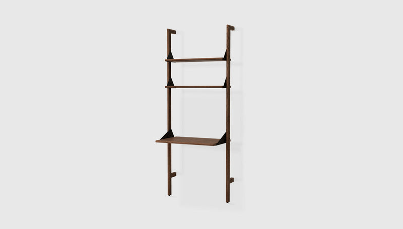 Gus Modern Branch-1 Shelving Unit with Desk — Walnut Uprights Black Brackets Walnut Shelves