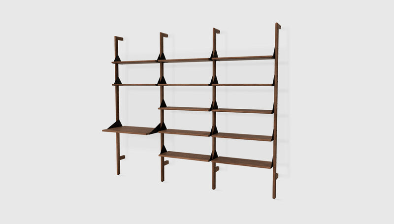 Gus Modern Branch-3 Shelving Unit with Desk — Walnut Uprights Black Brackets Walnut Shelves