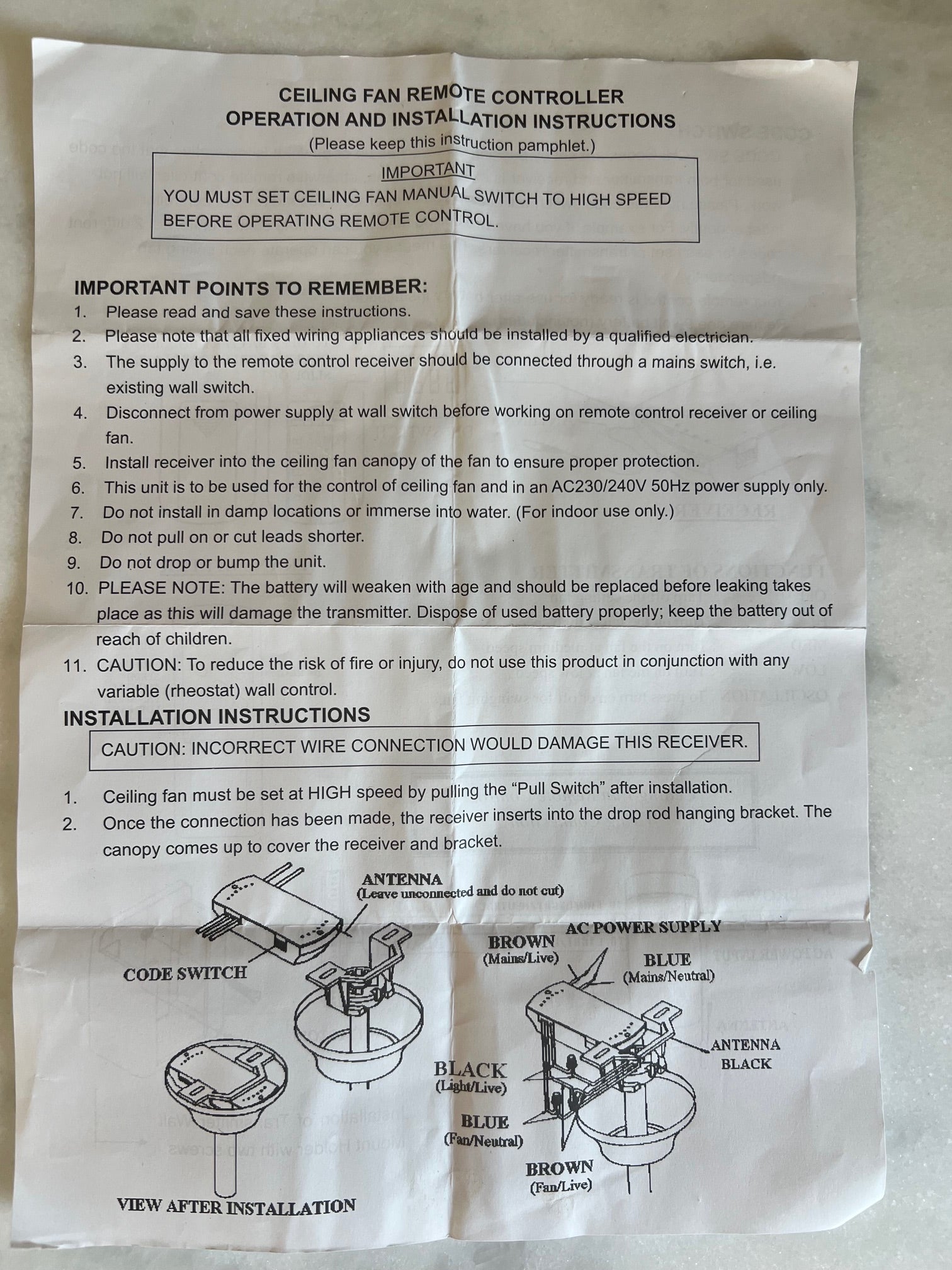 Modern Fan Co - RC B2-220V - Remote & Receiver