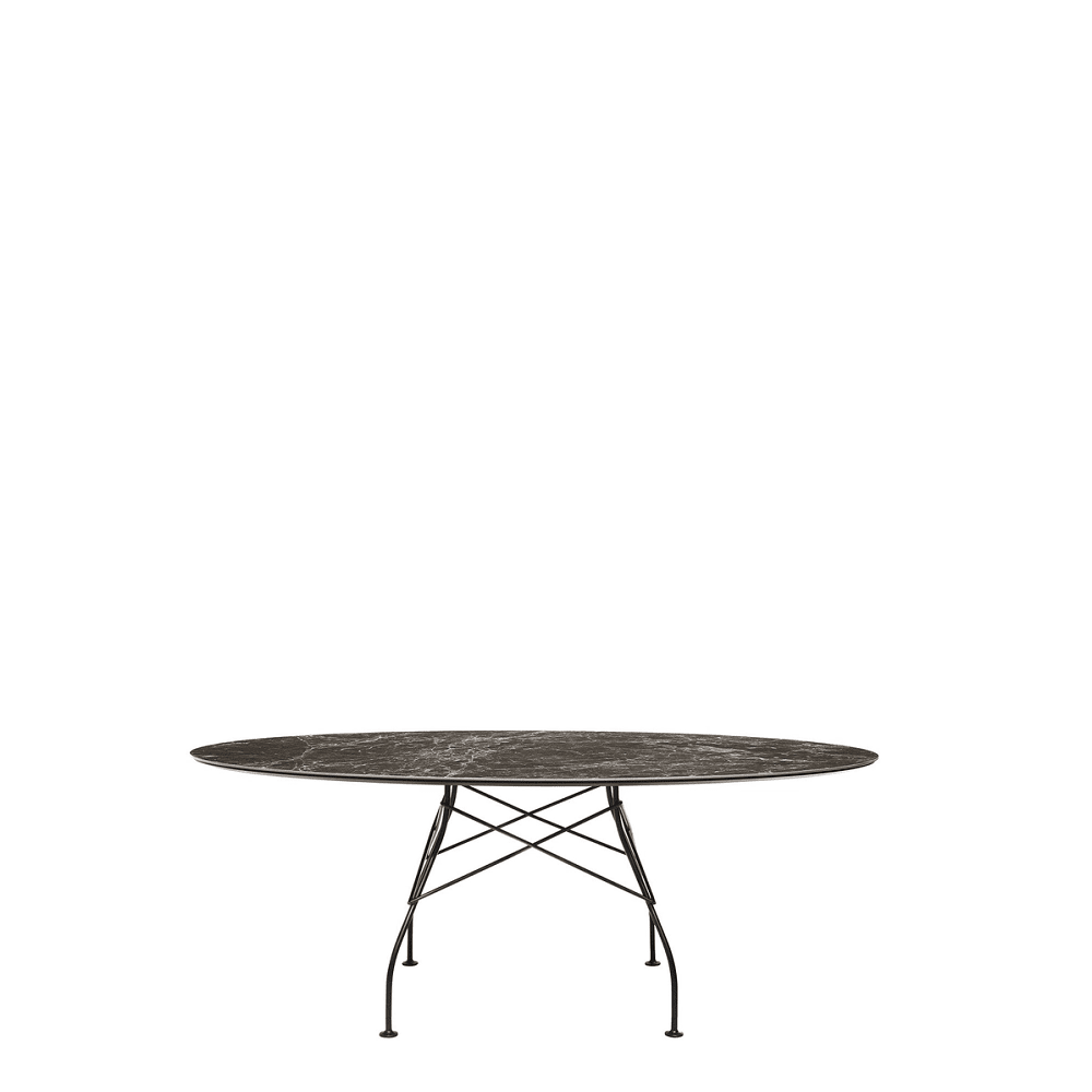 Glossy Oval Table Outdoors Kartell Brown Emperador Marble / Black Steel 