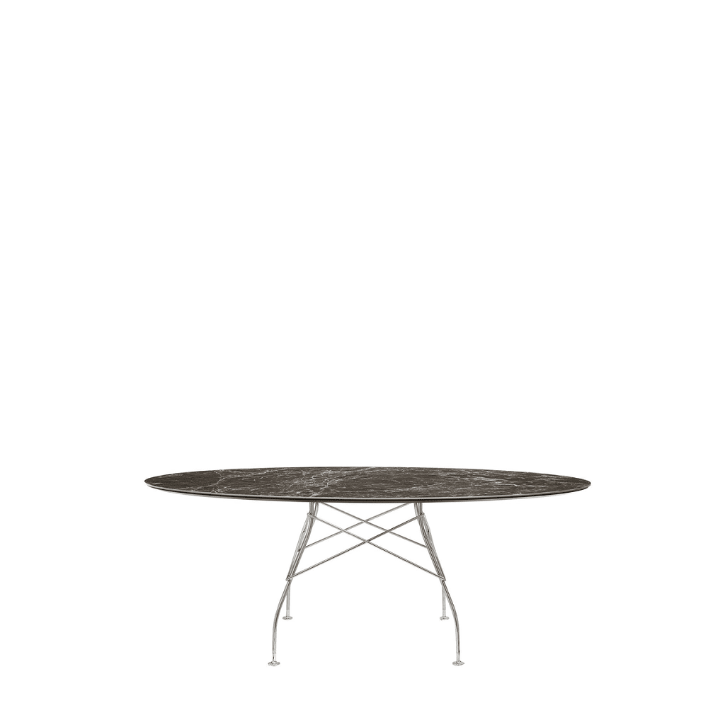 Glossy Oval Table Outdoors Kartell Brown Emperador Marble / Chrome Steel 