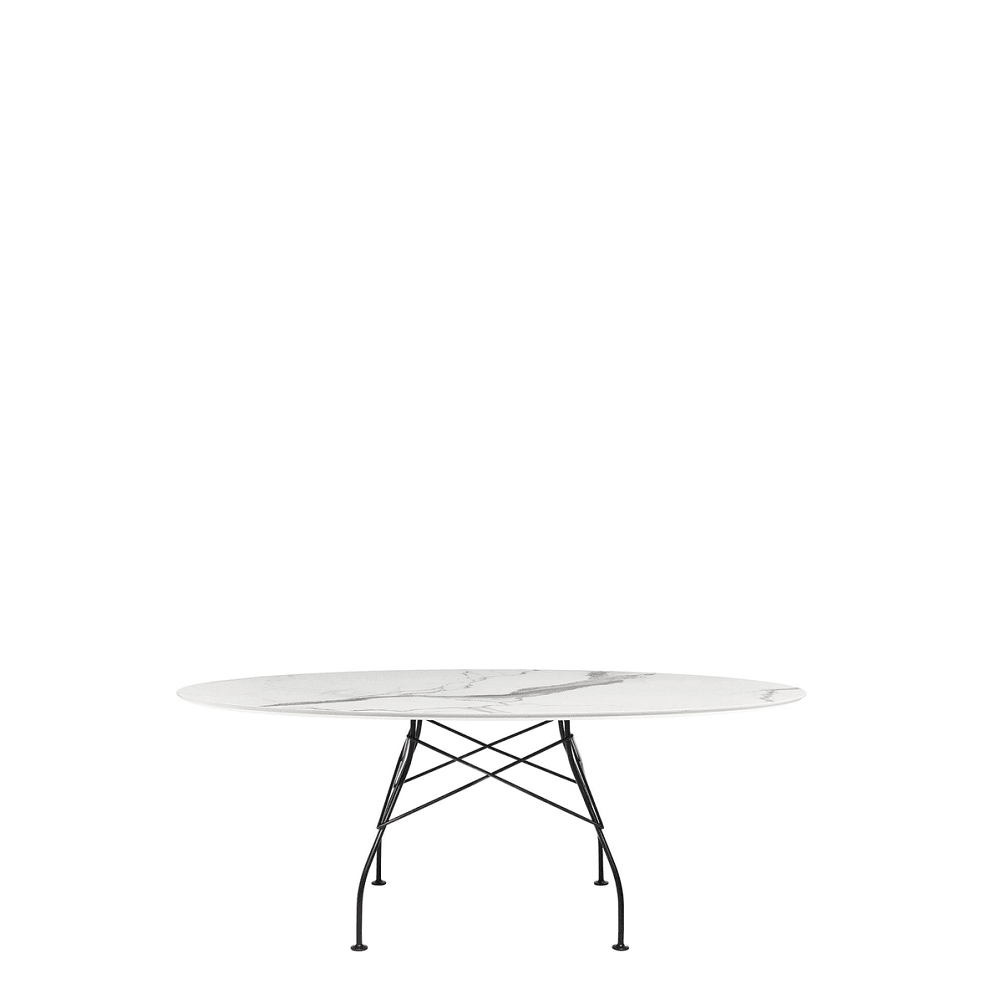 Glossy Oval Table Outdoors Kartell White Marble / Black Steel 