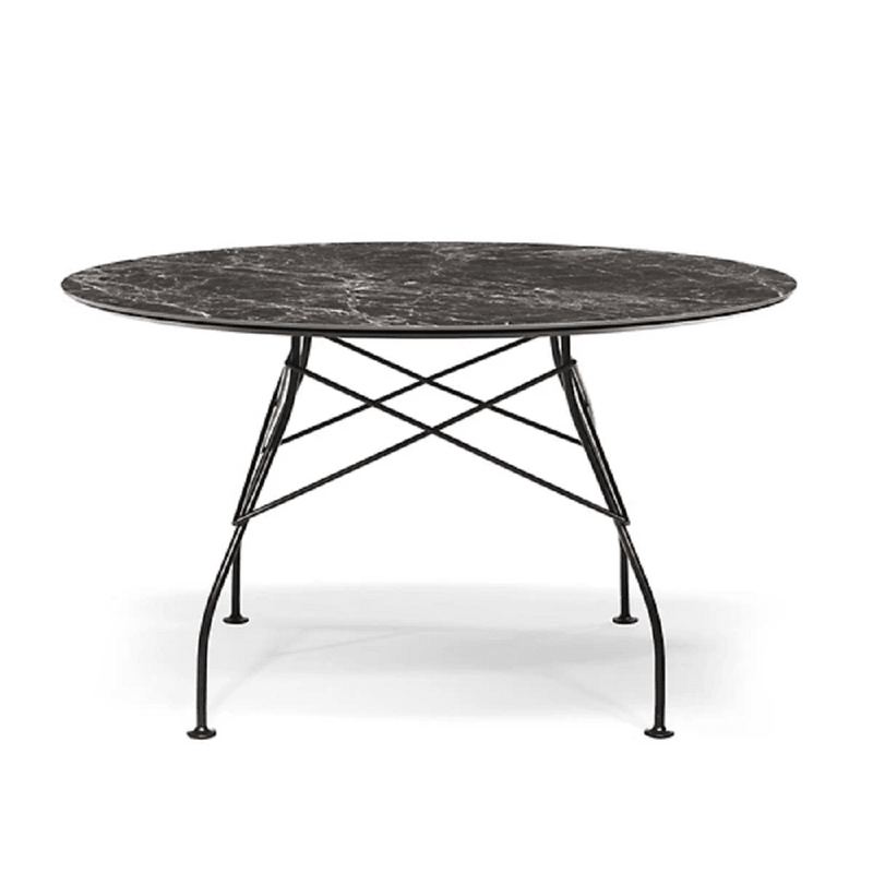 Glossy Table Tables Kartell Round Top Brown Emperador Marble / Black Steel 
