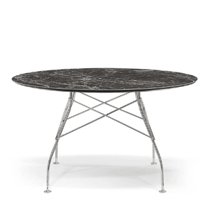 Glossy Table Tables Kartell Round Top Brown Emperador Marble / Chrome Steel 