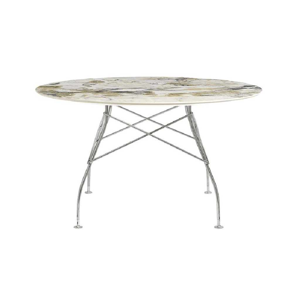 Glossy Table Tables Kartell Round Top Symphonie Marble / Chrome Steel 