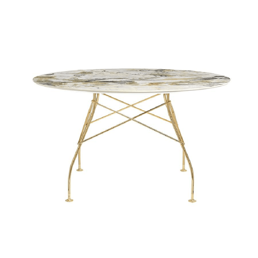 Glossy Table Tables Kartell Round Top Symphonie Marble / Gold Steel 