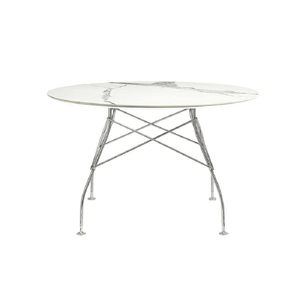 Glossy Table Tables Kartell Round Top White Marble / Chrome Steel 