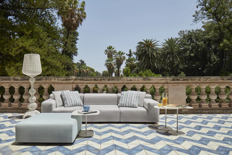 Plastics outdoor two-seater + pouf left