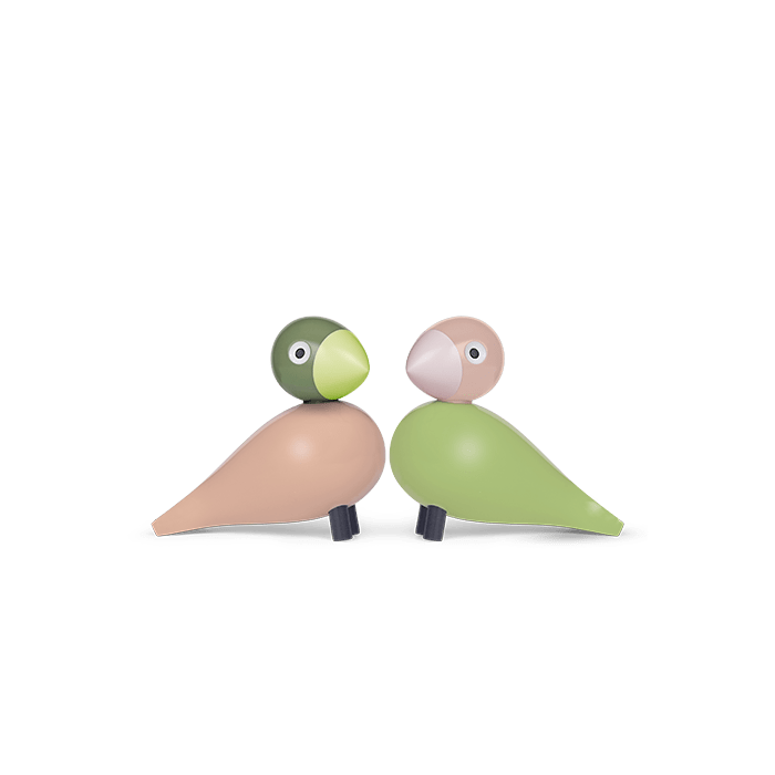 Kay Bojesen Lovebirds, Painted Beech (Light Green/Rose)
