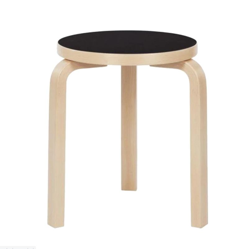 Artek Stool 60 - Black Linoleum, Edge Natural Birch Seat / Legs Natural Lacquered
