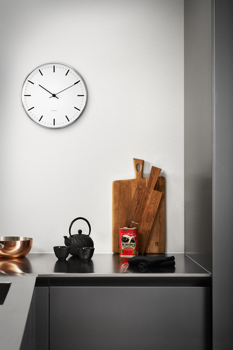Arne Jacobsen City Hall Wall Clock in White and Black in an interior setting