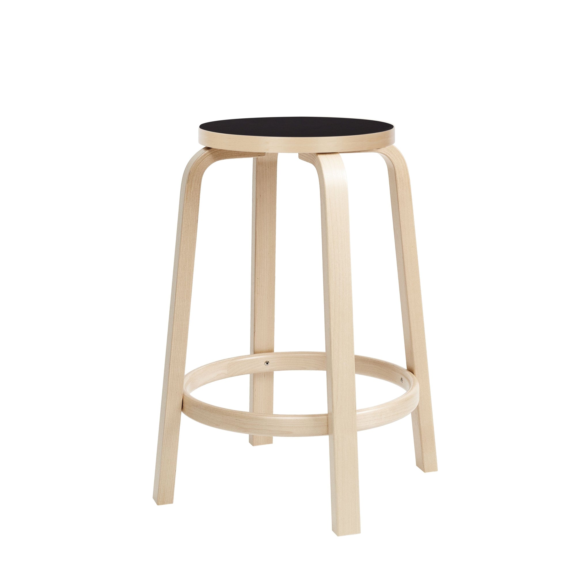 64 High Stool Stools Artek 25.5 inch legs natural lacquered, seat black linoleum 