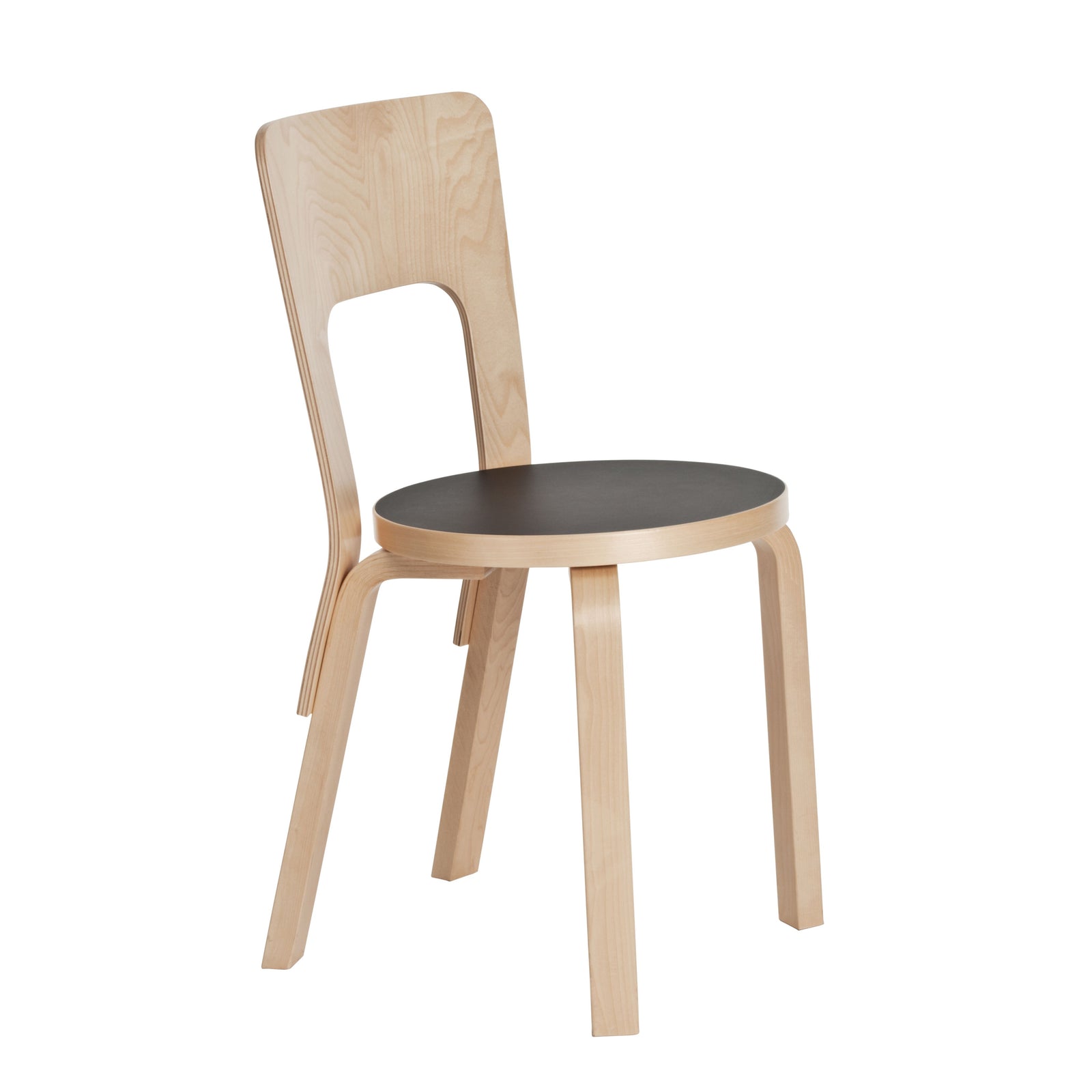 Chair 66 Side/Dining Artek Seat Black Linoleum, Edge Natural Birch / Legs and Backrest Natural Lacquered 