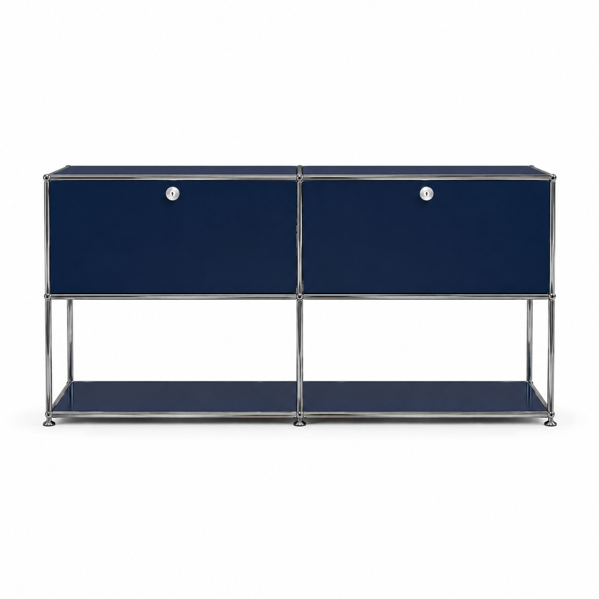 Dark blue modern sideboard with chrome frame styled in a premium living room with warm natural light, neutral decor, and a clean minimalist interior.