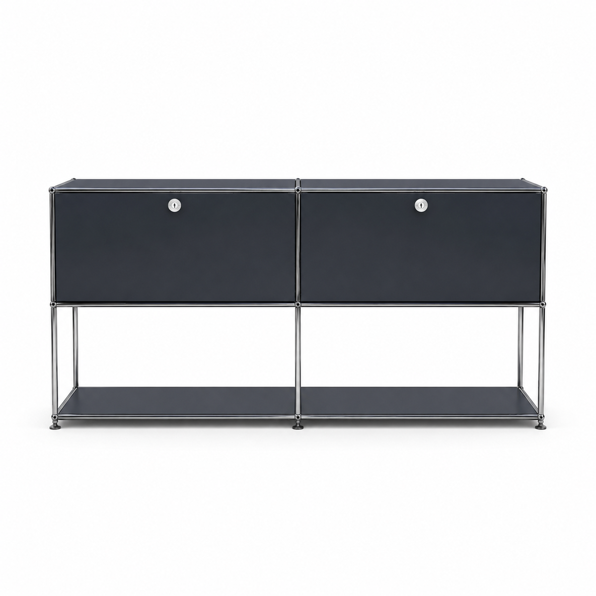 Dark gray modern sideboard with chrome frame styled in a minimalist living room with neutral decor and premium contemporary interior design.