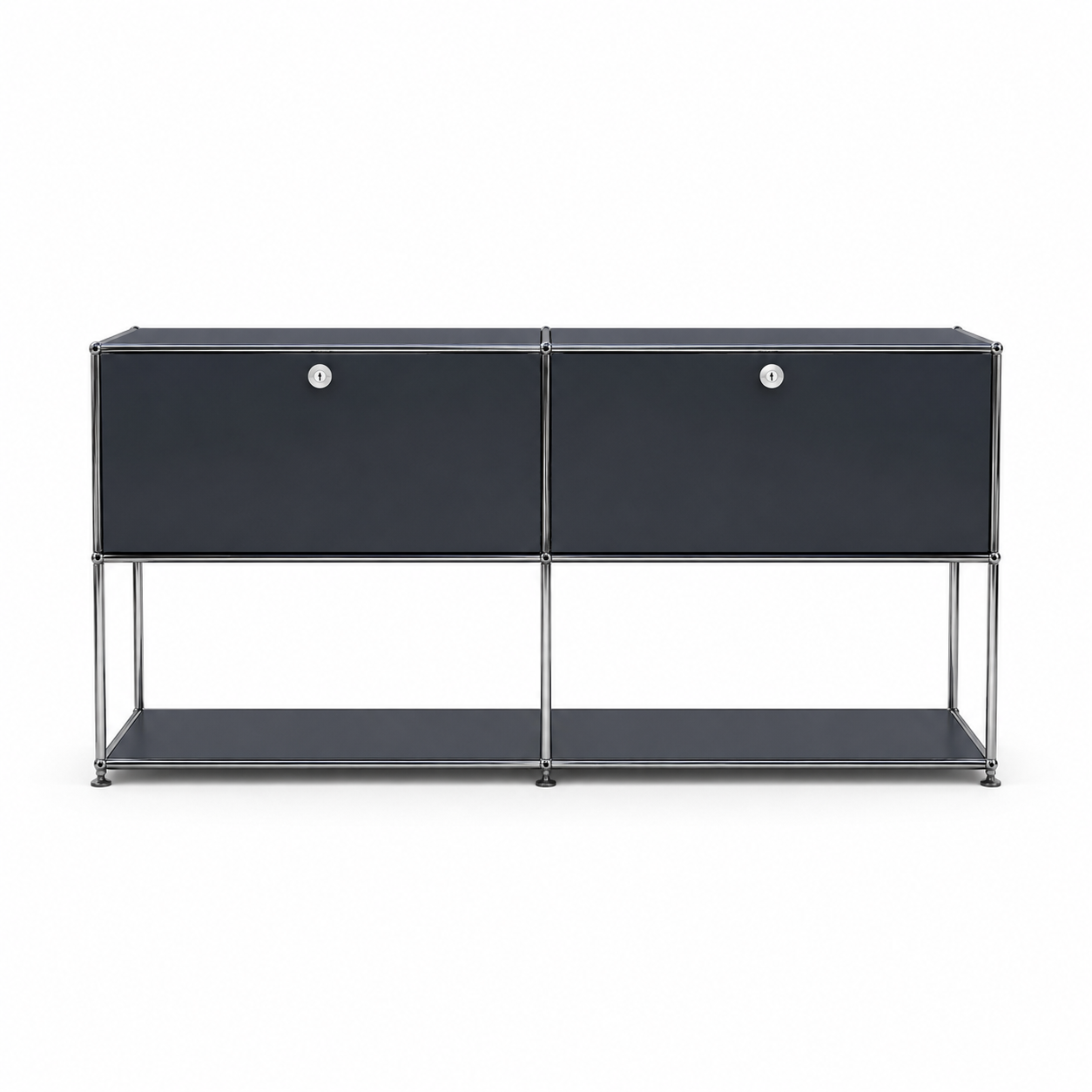 Dark gray modern sideboard with chrome frame styled in a minimalist living room with neutral decor and premium contemporary interior design.