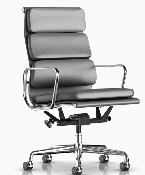 Eames Soft Pad Executive Chair / 2100 Series Leather: Graphite 2111 / Frame & Base: Polished Aluminum / Standard Height / Pneumatic Lift / 2.5" Hard Floor & Carpet Casters, Chrome Hood task chair herman miller 
