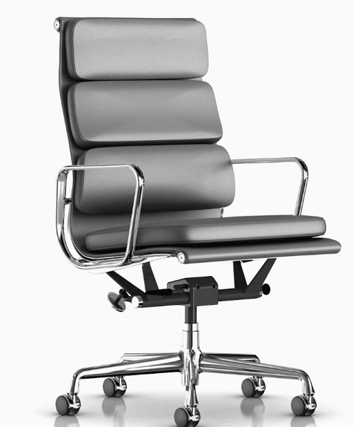 Eames Soft Pad Executive Chair / 2100 Series Leather: Graphite 2111 / Frame & Base: Polished Aluminum / Standard Height / Pneumatic Lift / 2.5" Hard Floor & Carpet Casters, Chrome Hood task chair herman miller 