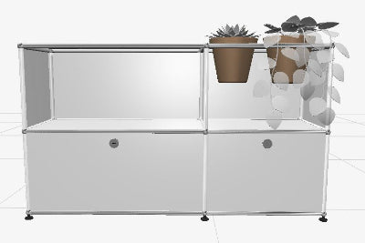 USM Haller Custom Unit / Pure white / 2 Pots in Basalt / 50"w x 15"d x 29"h / 2 Drop-down Doors