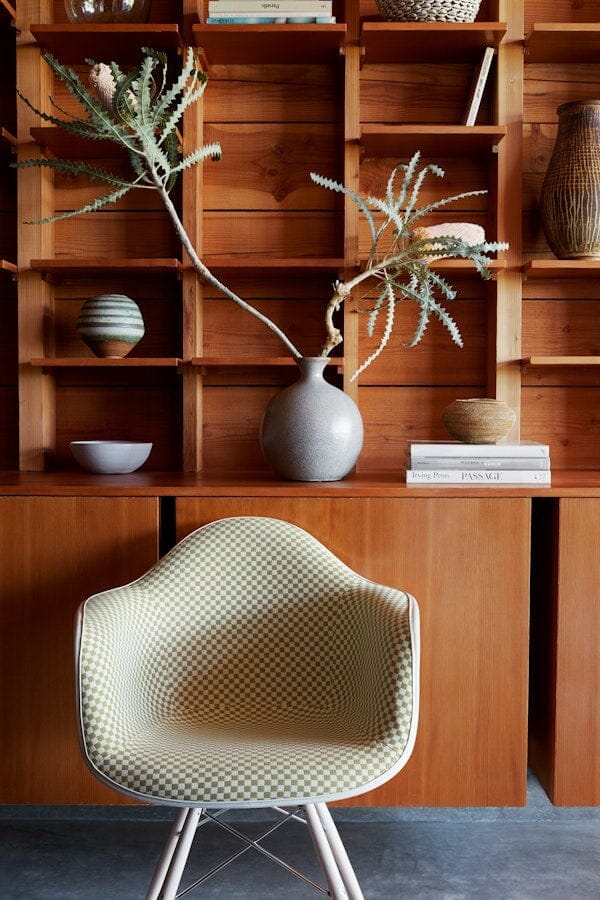 Eames Molded Plastic Upholstered Arm Chair with Wood Dowel Base