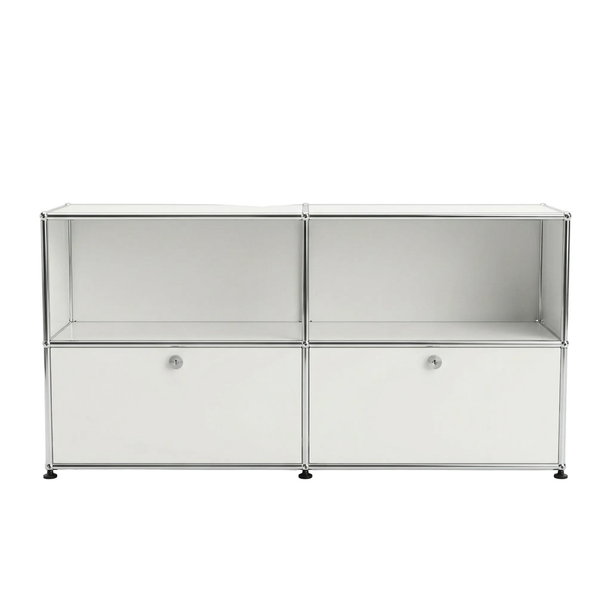 Modular storage system with glass panels and metal frame on a white background