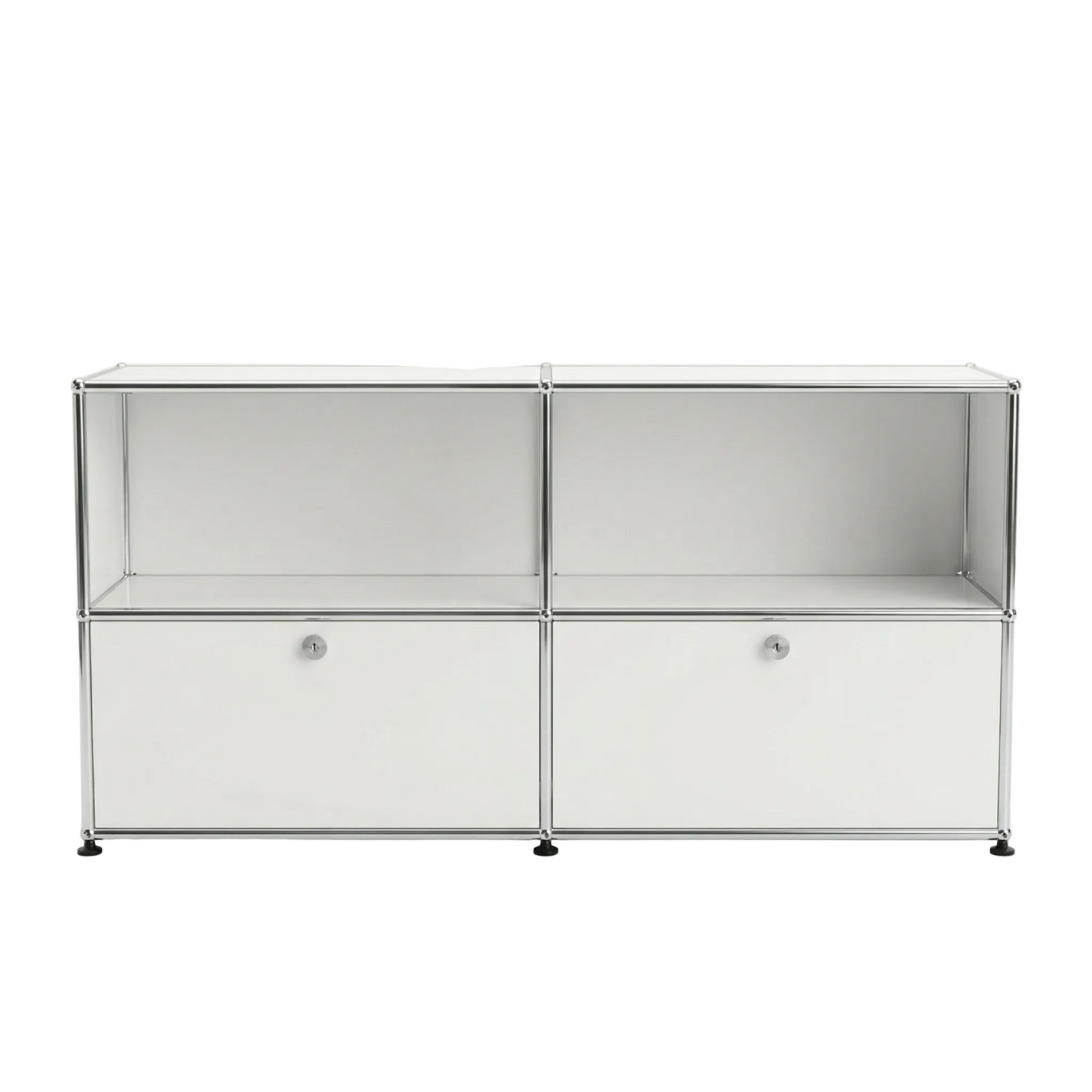 Modular storage system with glass panels and metal frame on a white background
