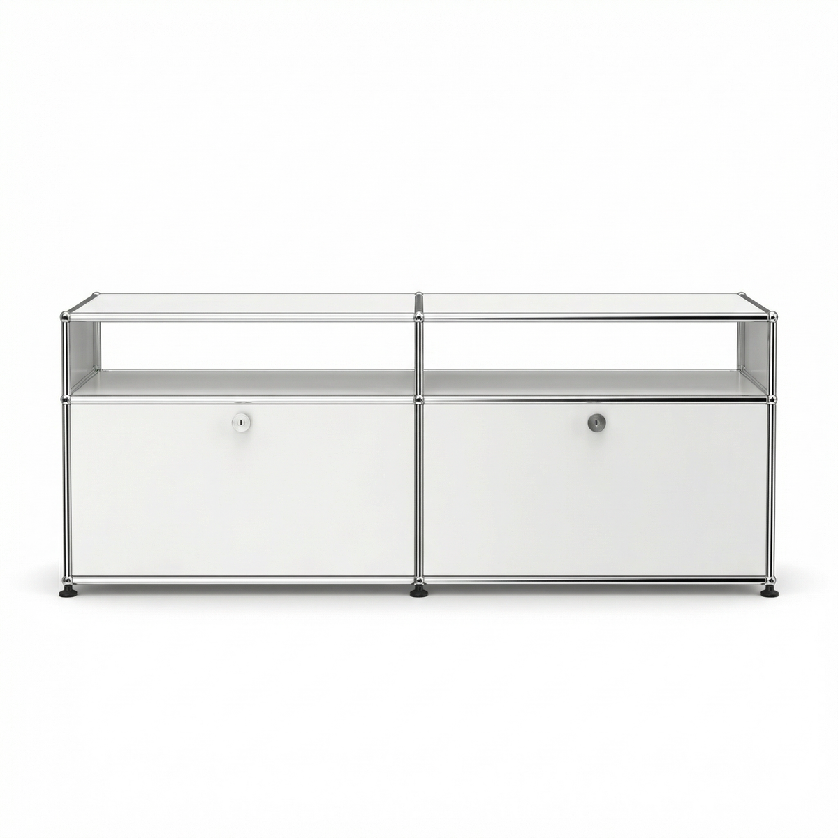 White storage unit with glass top on a white background