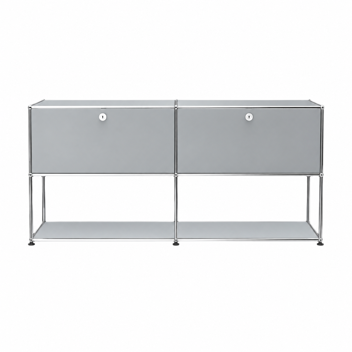 Light gray modern storage sideboard with chrome frame, two front doors, open lower shelf, and minimalist modular design on a white background.