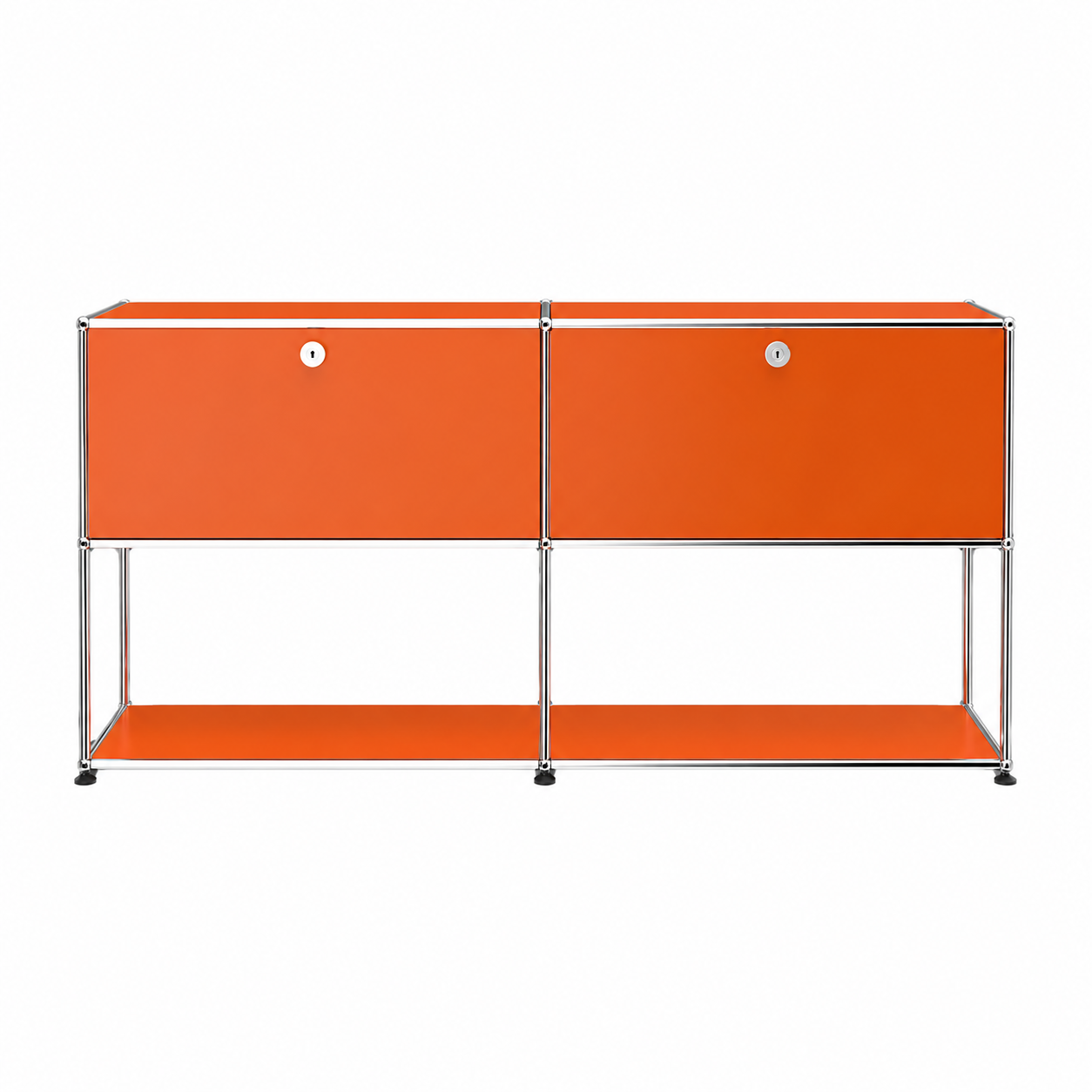 Orange USM Haller Credenza F2 sideboard with chrome frame, two drop-down doors, and open lower shelf on a white background.
