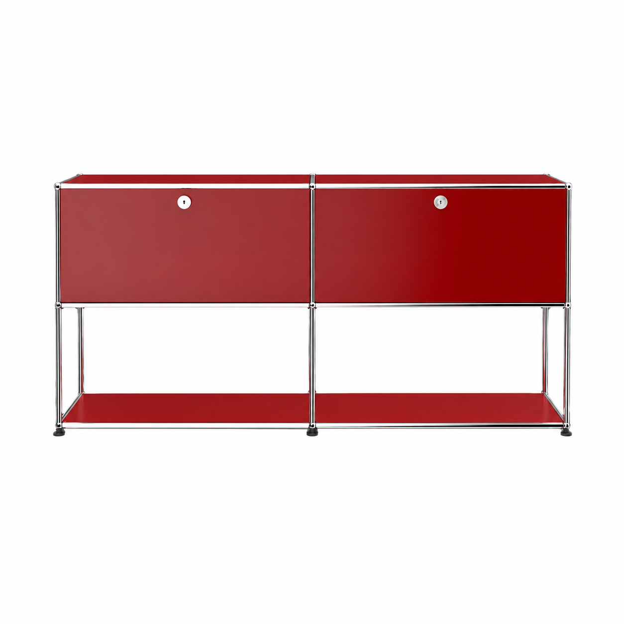 Red USM Haller Credenza F2 sideboard with chrome frame, two drop-down doors, and open lower shelf on a white background.
