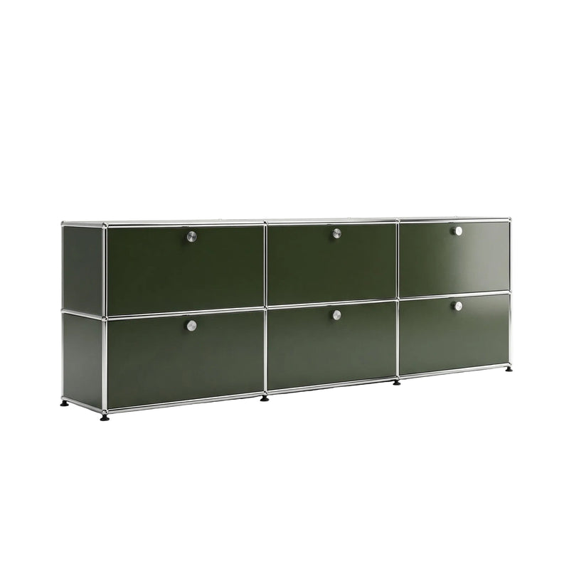 Special USM Haller Media 3-Unit in Olive Green angled view with six drop-down doors