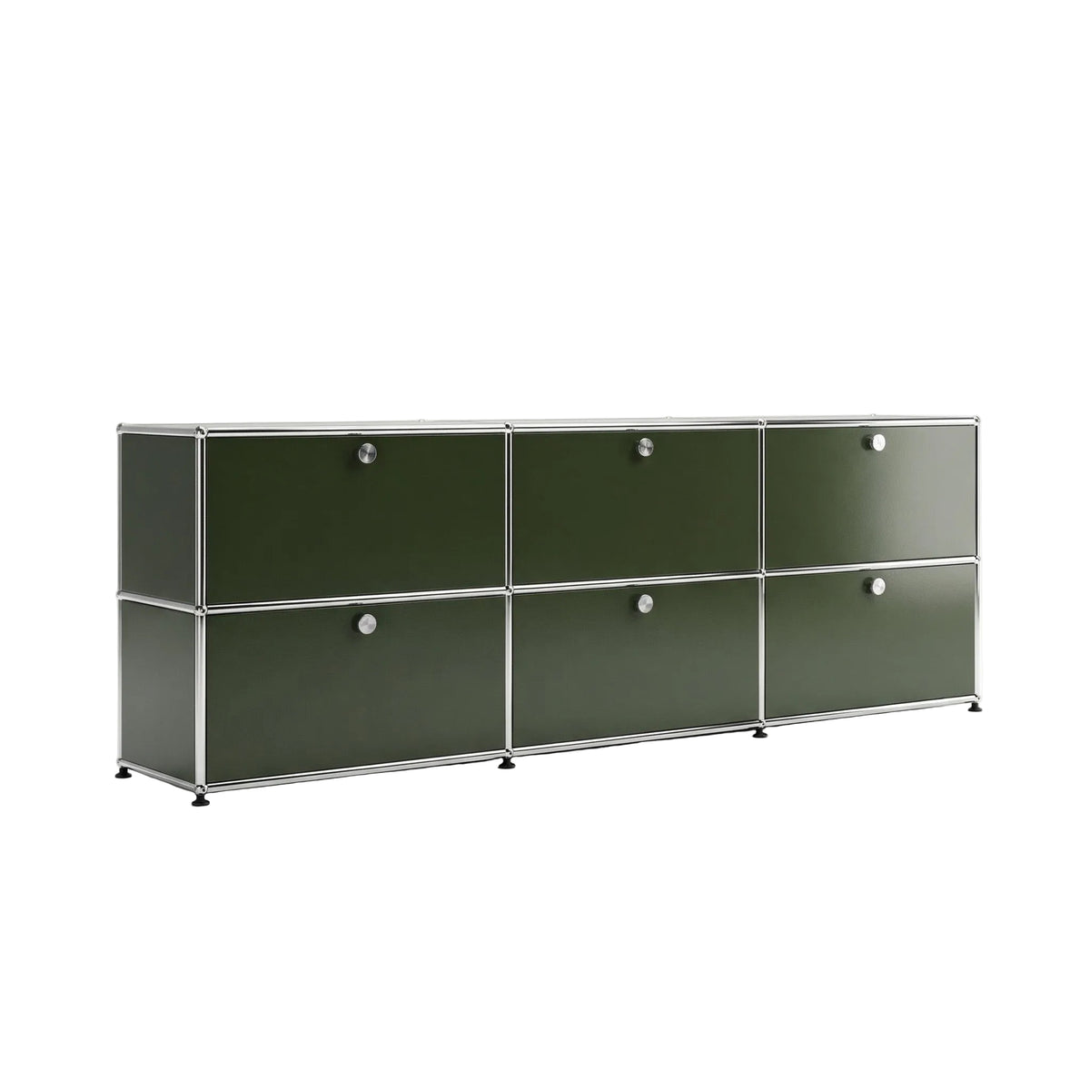Special USM Haller Media 3-Unit in Olive Green angled view with six drop-down doors