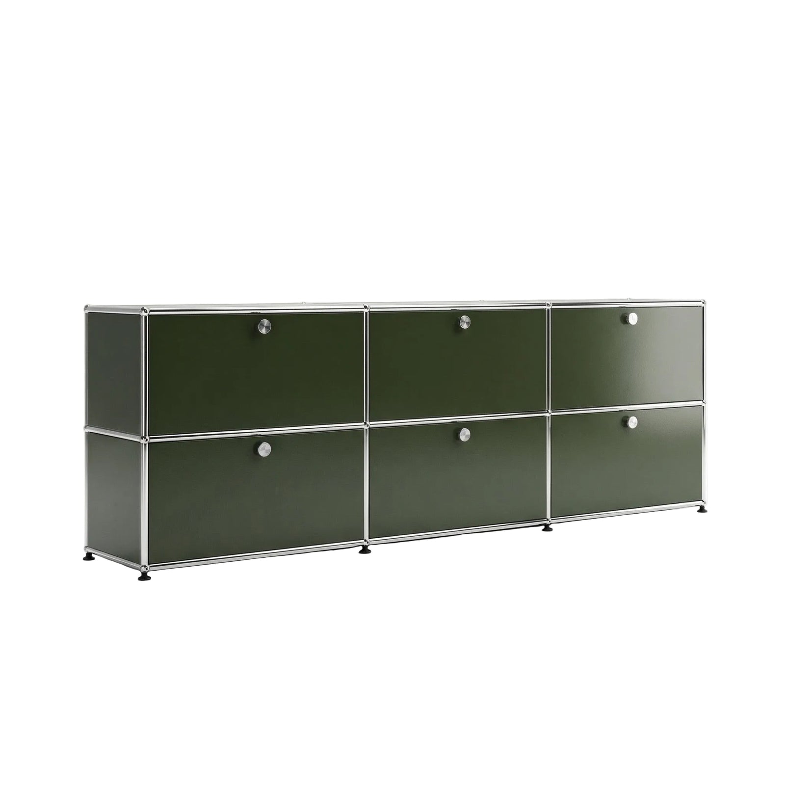Special USM Haller Media 3-Unit in Olive Green angled view with six drop-down doors