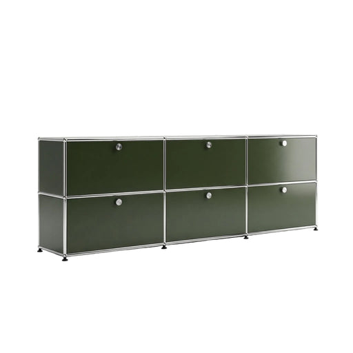 Special USM Haller Media 3-Unit in Olive Green angled view with six drop-down doors
