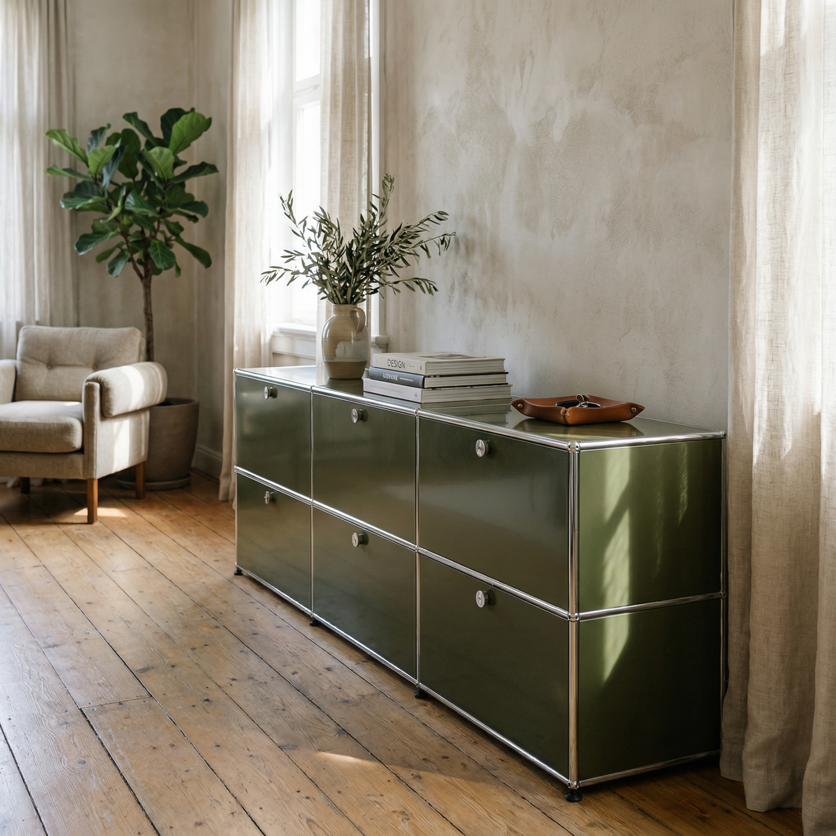 Special USM Haller Media 3-Unit in Olive Green styled in a modern interior with warm natural light