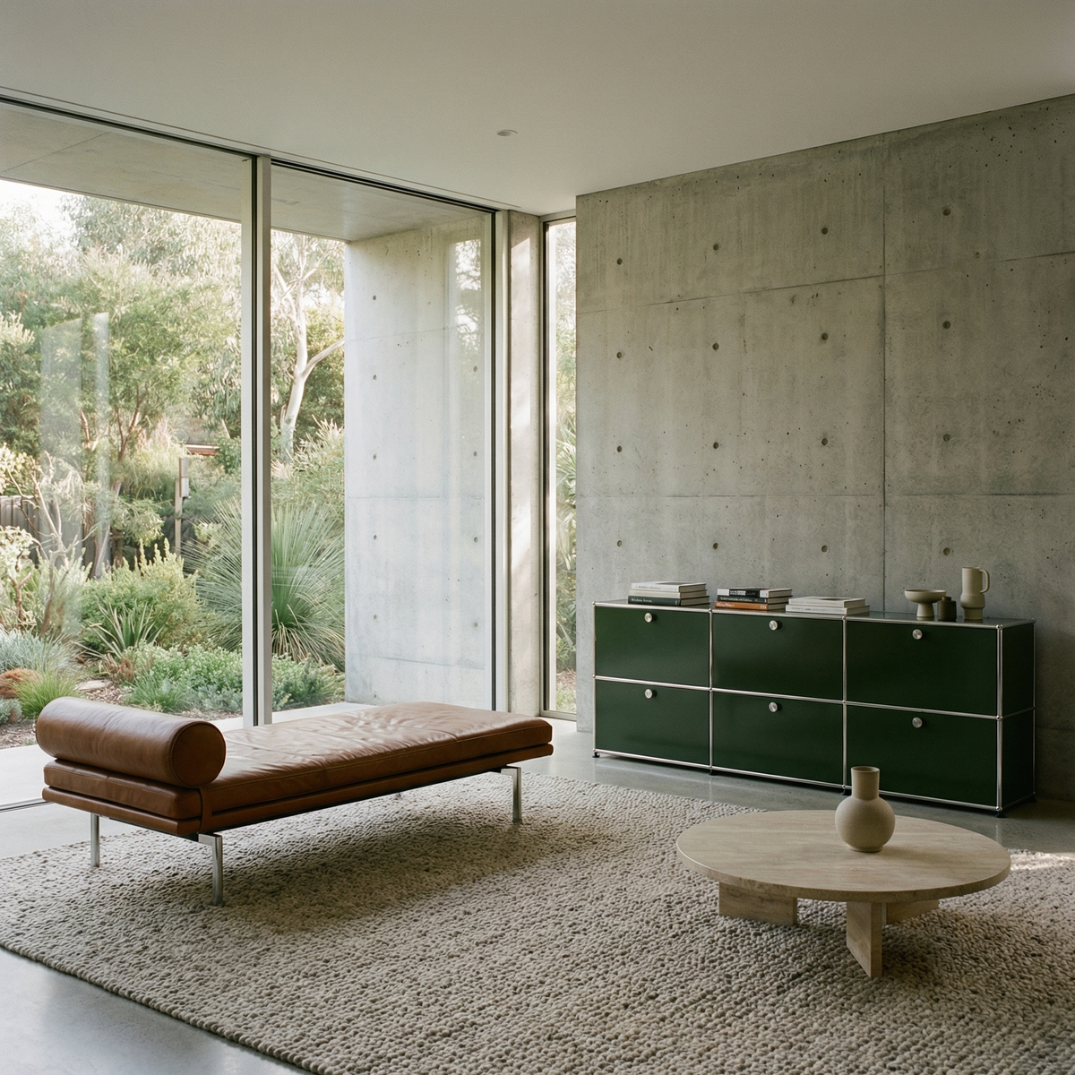 Special USM Haller Media 3-Unit in Olive Green styled in a spacious modern living room