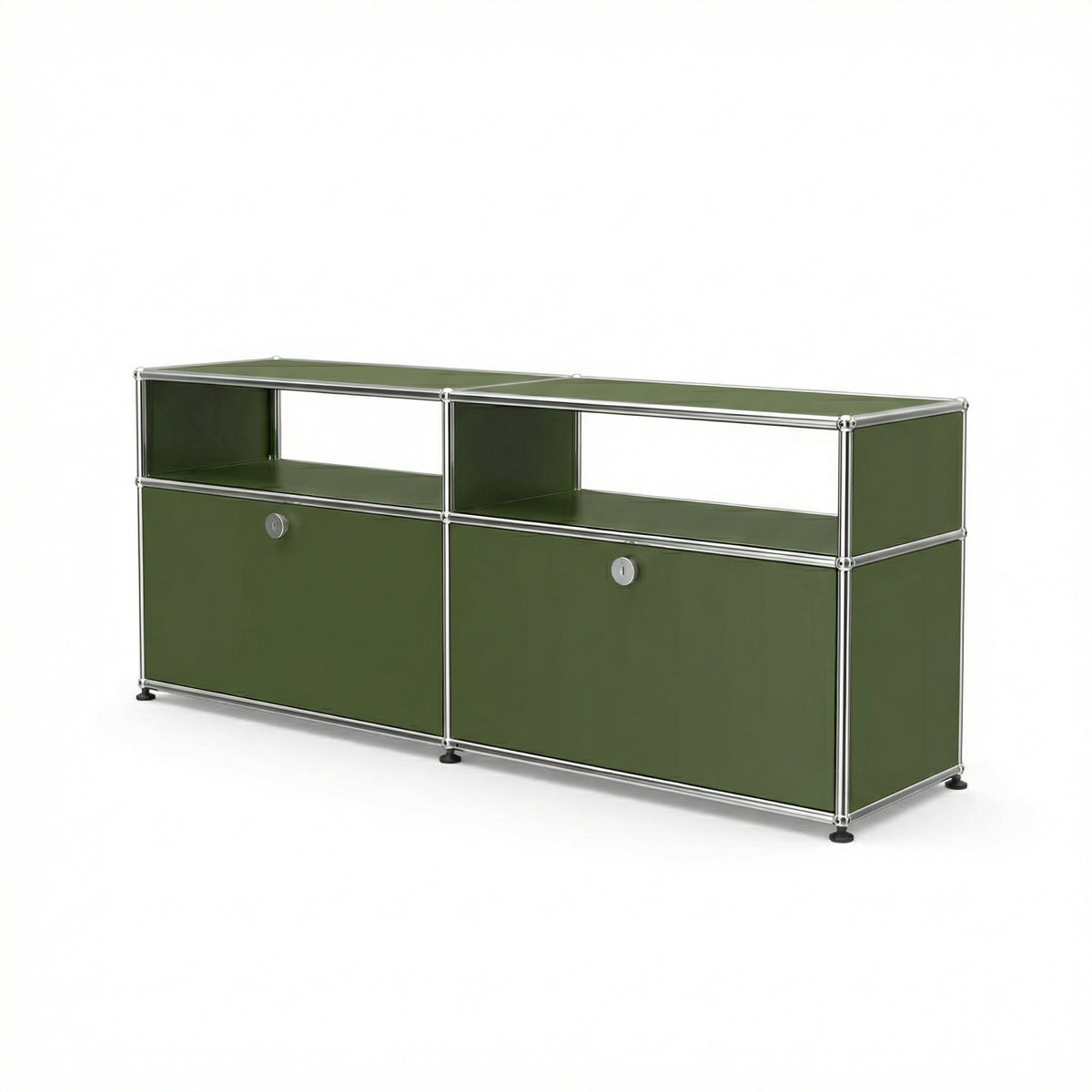 Special USM Haller Media MS02 in Olive Green angled view with open shelf and two drop-down doors