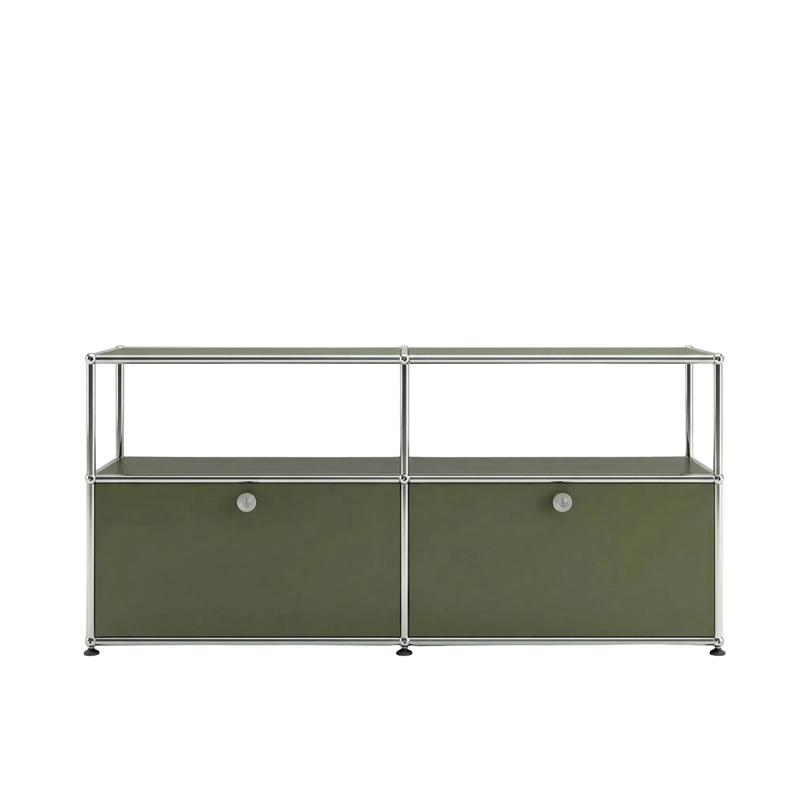 Special USM Haller Media MS02 in Olive Green front view with open shelf and two drop-down doors