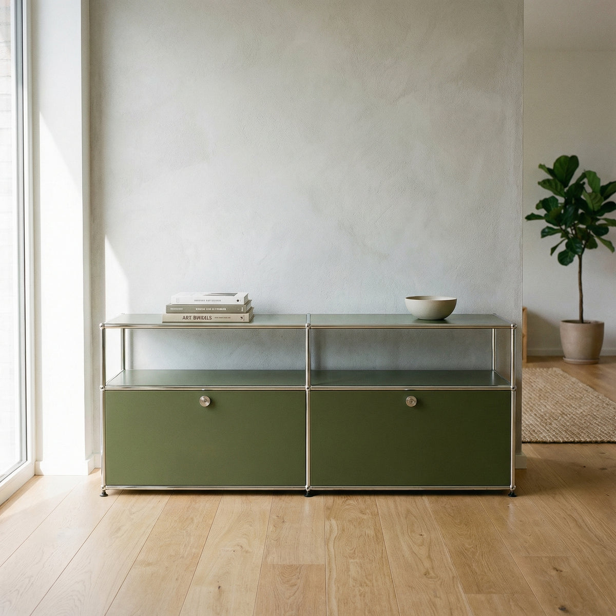 Special USM Haller Media MS02 in Olive Green styled in a modern interior with warm natural light