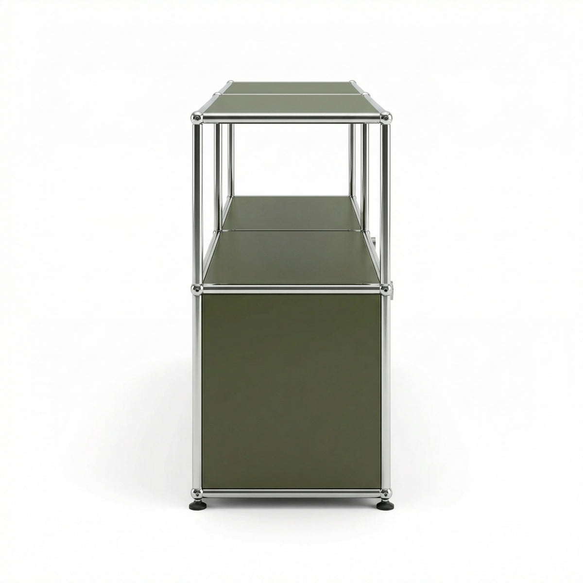 Side view of Special USM Haller Media MS02 in Olive Green with open shelf