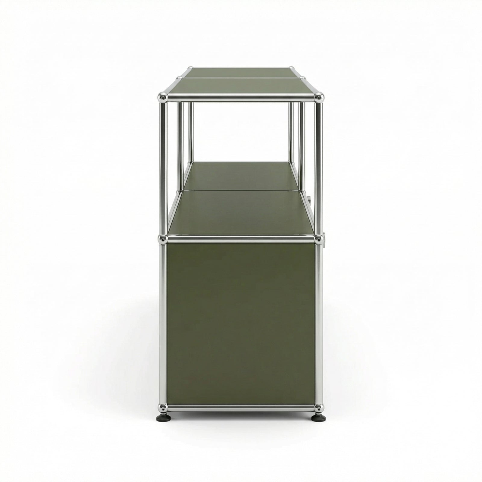 Side view of Special USM Haller Media MS02 in Olive Green with open shelf