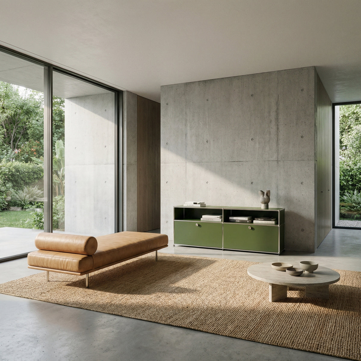 Special USM Haller Media MS02 in Olive Green styled in a spacious modern living room