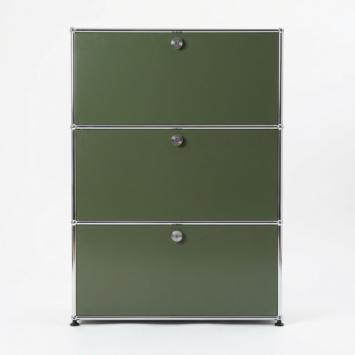 Special USM Haller Storage MS03 in Olive Green front view with three drop-down doors
