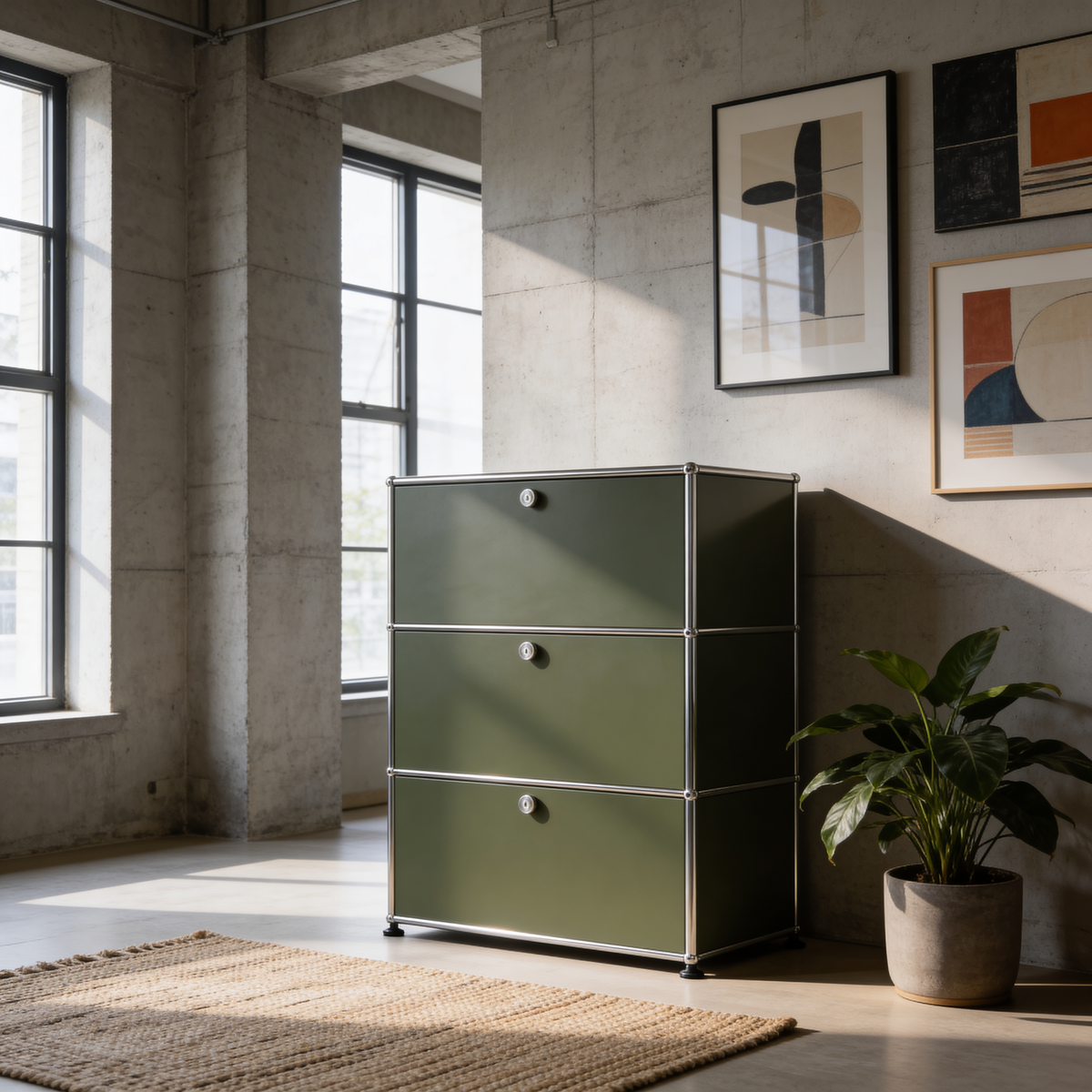 Special USM Haller Storage MS03 in Olive Green styled in a modern living room with natural light