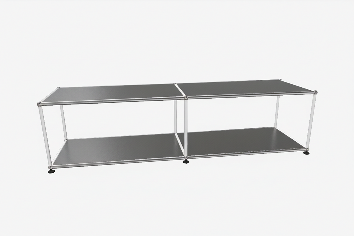 Metal TV stand with two shelves on a white background