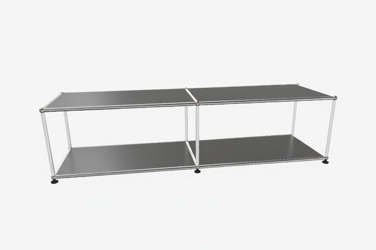Metal TV stand with two shelves on a white background