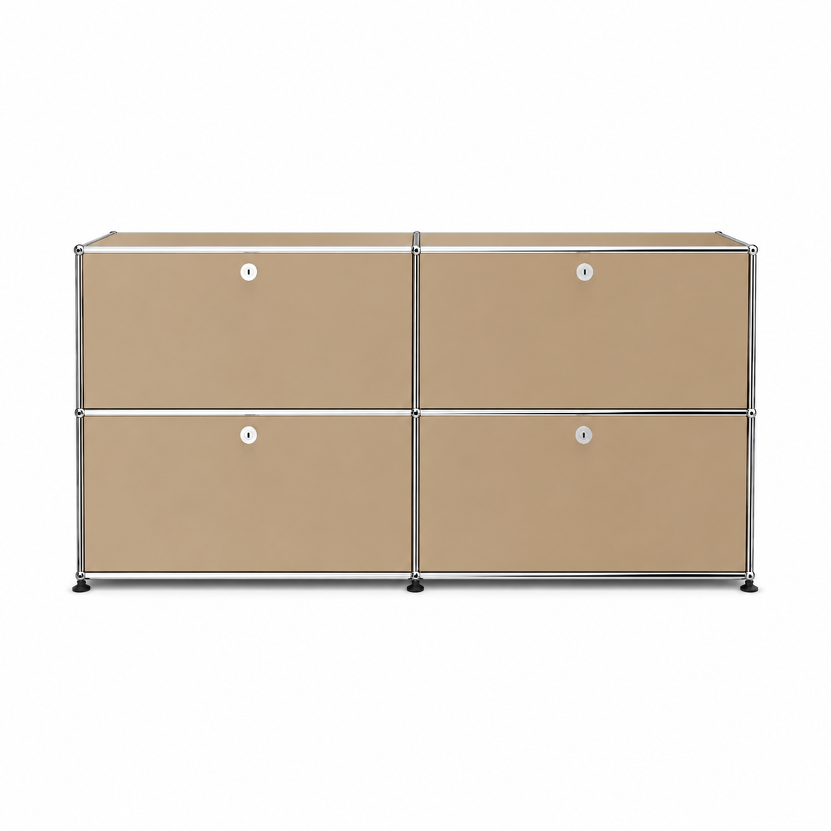 USM Haller Credenza E2 in beige with chrome frame, four drop-down doors, round lock details, and modern modular storage design on a white background