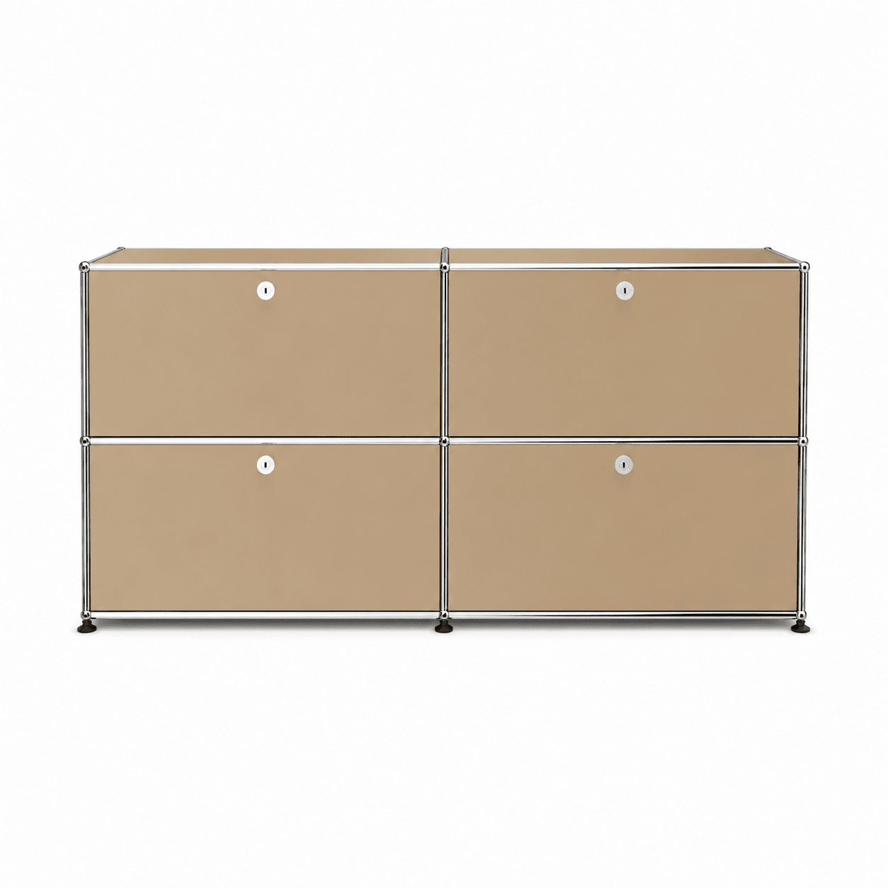 USM Haller Credenza E2 in beige with chrome frame, four drop-down doors, round lock details, and modern modular storage design on a white background