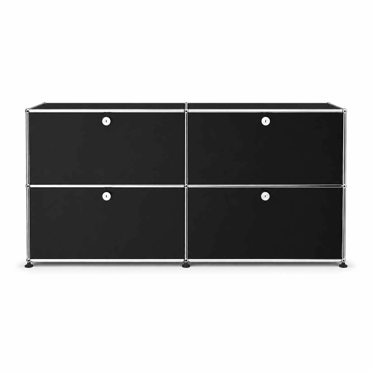 USM Haller Credenza E2 in black with chrome frame, four drop-down doors, round lock details, and modern modular storage design on a white background